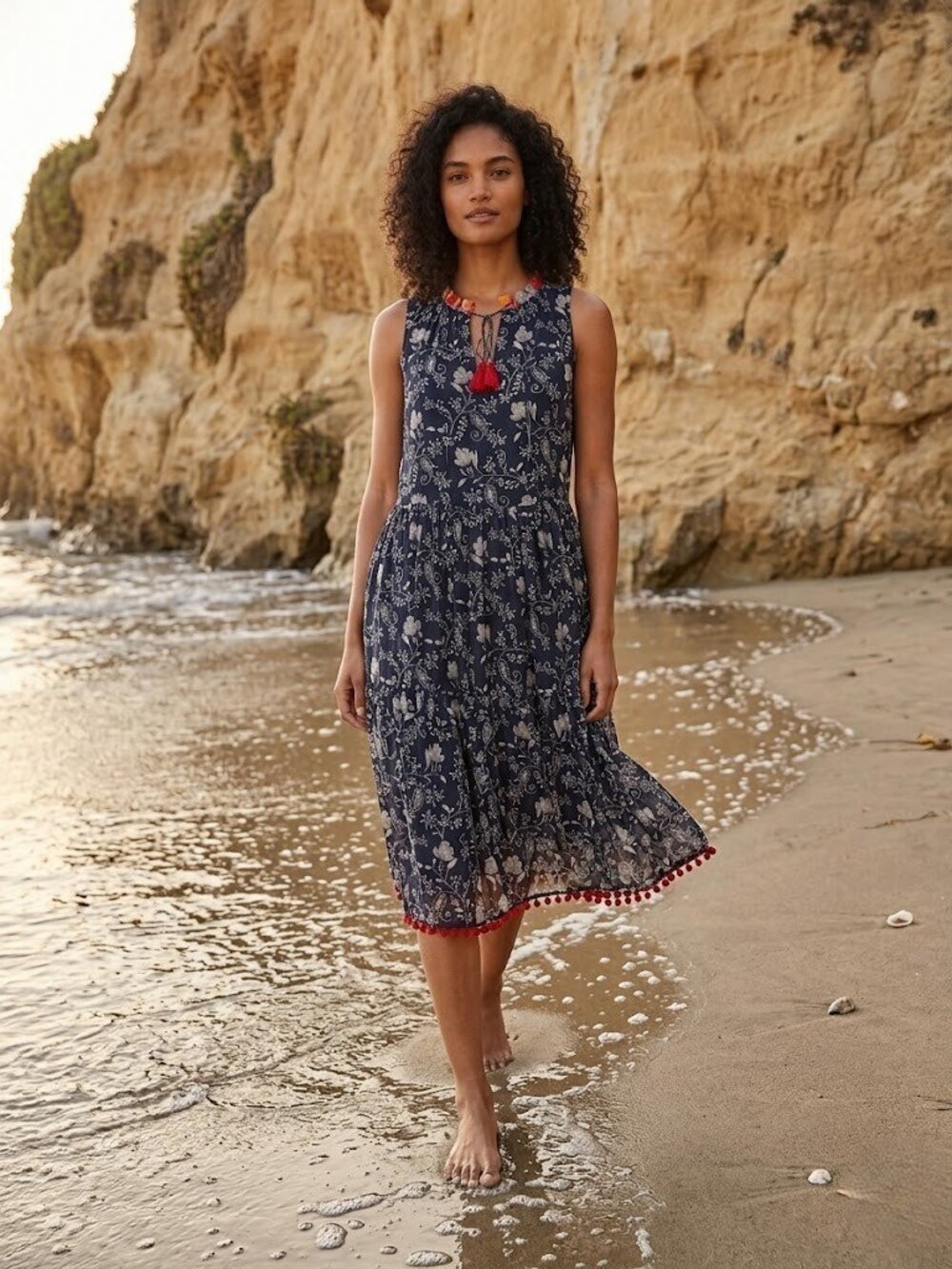 NWT Johnny Was JADE Susila Tiered Dress in Navy Floral Print Lightweight Silk S